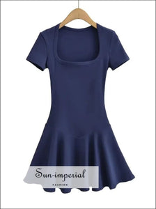 Women’s Square Neck Short Sleeve A - line Basic Skater Mini Dress Sun - Imperial United States