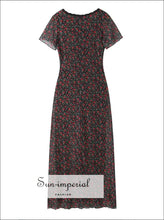 Women’s v Neckline Black With Red Rose Flower Print Short Sleeve Mesh Midi Dress Sun-Imperial United States