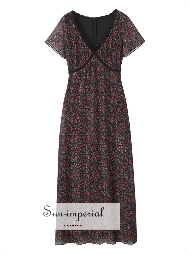 Women’s v Neckline Black With Red Rose Flower Print Short Sleeve Mesh Midi Dress Sun-Imperial United States