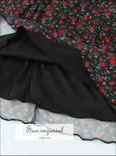 Women’s v Neckline Black With Red Rose Flower Print Short Sleeve Mesh Midi Dress Sun-Imperial United States