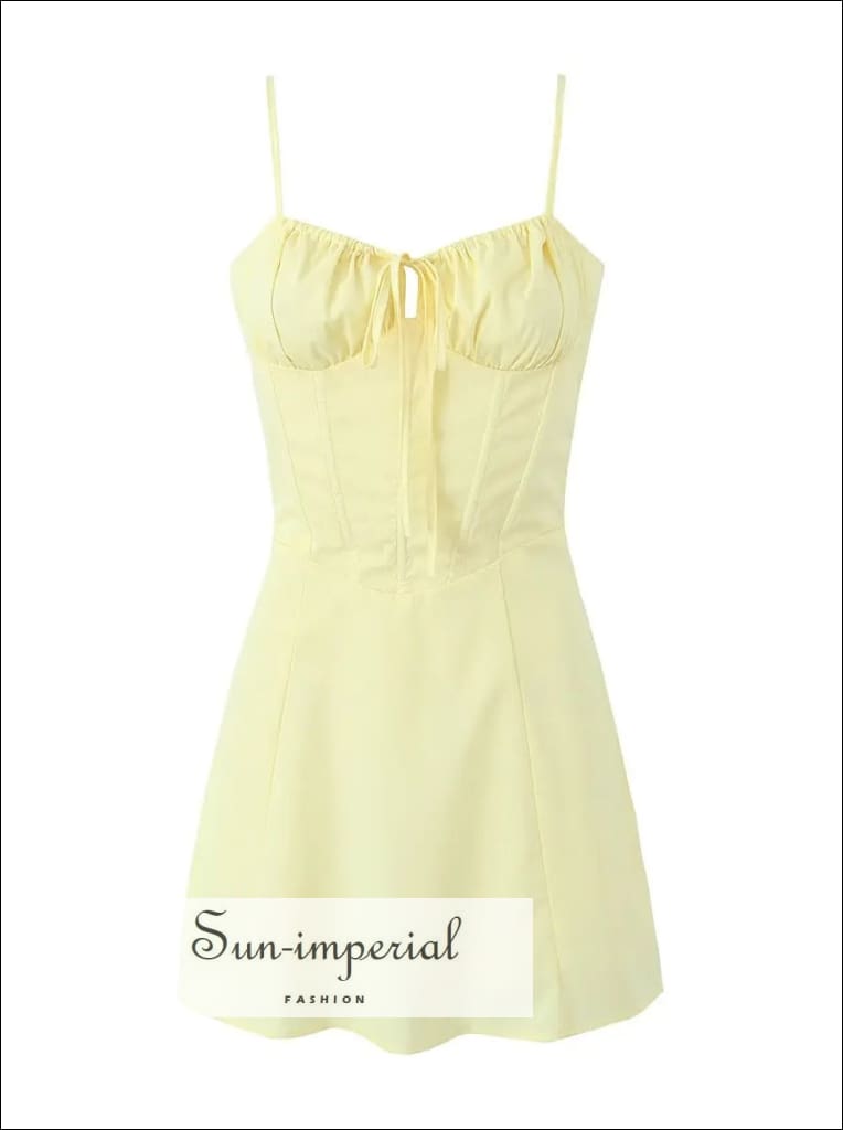 Sun-Imperial - Womens Ruched Cami Straps Corset Style Mini Dress with Lace Up Back Detail Yellow / S Sun-Imperial - Womens Ruched Cami Straps Corset Style Mini Dress with Lace Up Back Detail Yellow / S