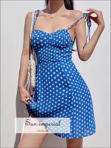 Women’s Blue Polka Dot Tie Cami Shoulder Strap Mini Dress With Shirring Back Detail Sun-Imperial United States