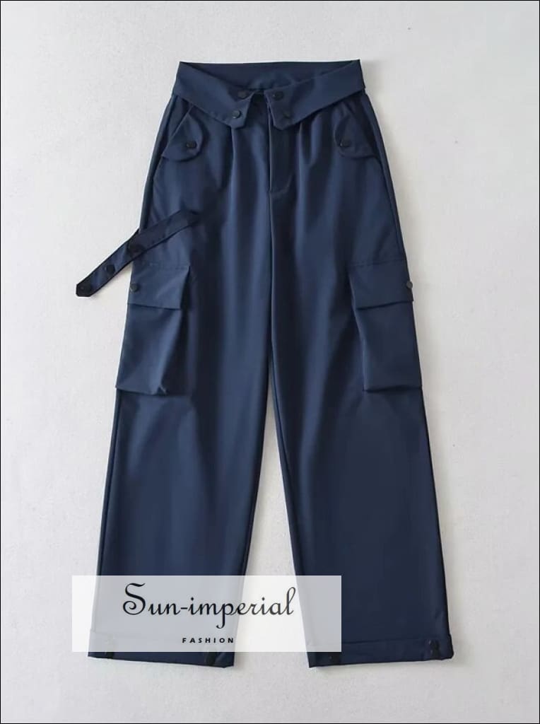 Women’s Cargo Trousers Pants With Turned Down Waist And Pockets Detail Sun-Imperial United States