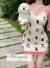 Women White Knitted Mini Dress With Strawberry Print And Tie Strap Detail Beach Style Print, Bohemian Style, boho style, casual chick sexy