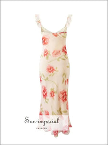 Women’s Apricot Flower Print Midi Dress with Ruffles and Center Bow Tie Detail With And Sun-Imperial United States