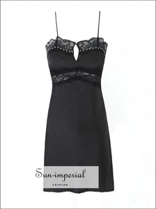 Women’s Black Satin Slip Cami Strap Sleeveless Mini Dress With Pearl And Lace Detail Sun-Imperial United States