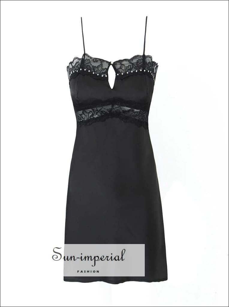 Sun-Imperial - Women’s Black Satin Slip Cami Strap Sleeveless Mini Dress with Pearl and Lace Detail Black / M Sun-Imperial - Women's Black Satin Slip Cami Strap Sleeveless Mini Dress  With Pearl And Lace Detail