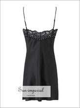 Women’s Black Satin Slip Cami Strap Sleeveless Mini Dress With Pearl And Lace Detail Sun-Imperial United States