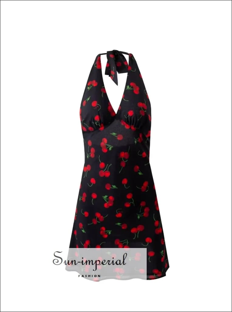 Women’s Black with Red Cherry Print Halter Backless Mini Dress Sun-Imperial United States