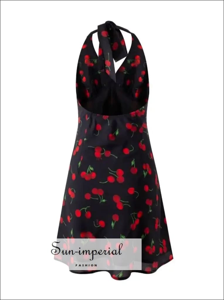 Sun-imperial - women's Black with red cherry print halter backless mini dress Black / L Sun-imperial - women's Black with red cherry print halter backless mini dress Black / L