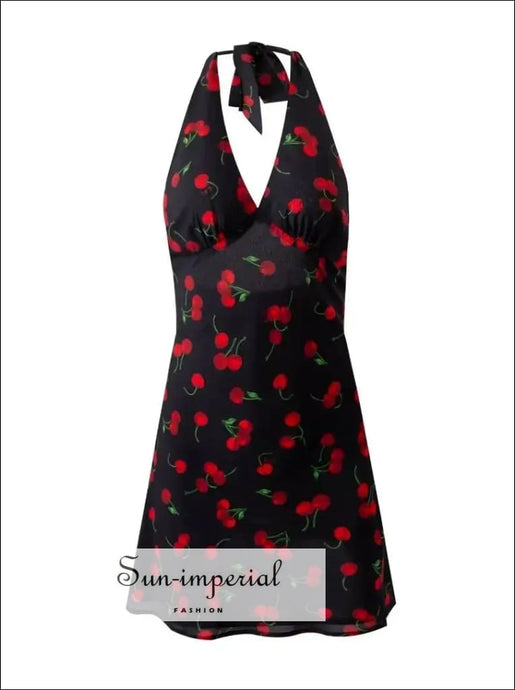 Women’s Black with Red Cherry Print Halter Backless Mini Dress Sun-Imperial United States