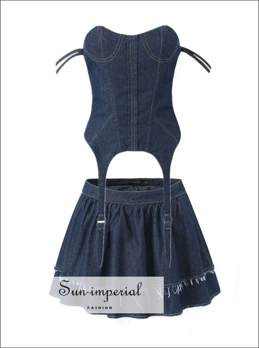 Women’s Blue Denim Corset Top And High Waist Mini Two Piece Skirt Set Sun-Imperial United States