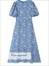 Women’s Blue Floral Short Lantern Sleeve Midi Dress Sun-Imperial United States