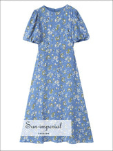 Women’s Blue Floral Short Lantern Sleeve Midi Dress Sun-Imperial United States