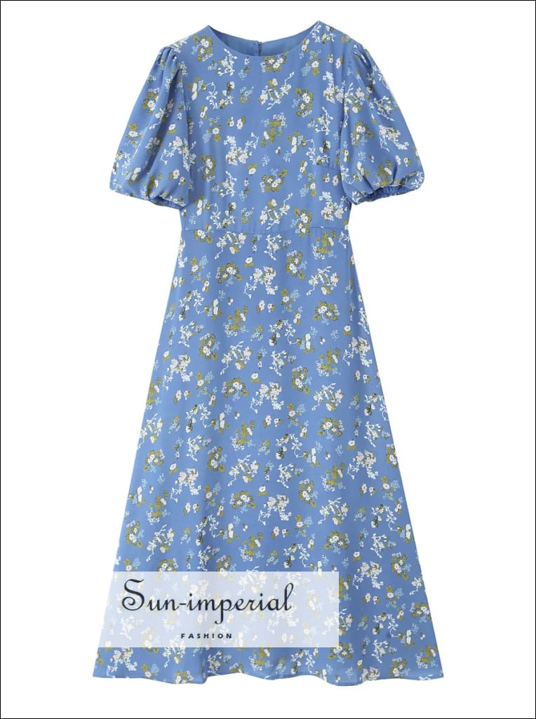Women’s Blue Floral Short Lantern Sleeve Midi Dress Sun-Imperial United States