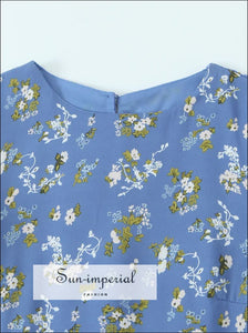 Women’s Blue Floral Short Lantern Sleeve Midi Dress Sun-Imperial United States