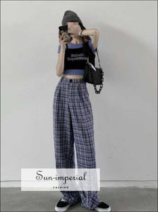 Women’s Blue Gingham Tailored Wide Leg Trousers in Sun-Imperial United States