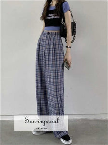 Women’s Blue Gingham Tailored Wide Leg Trousers in Sun-Imperial United States