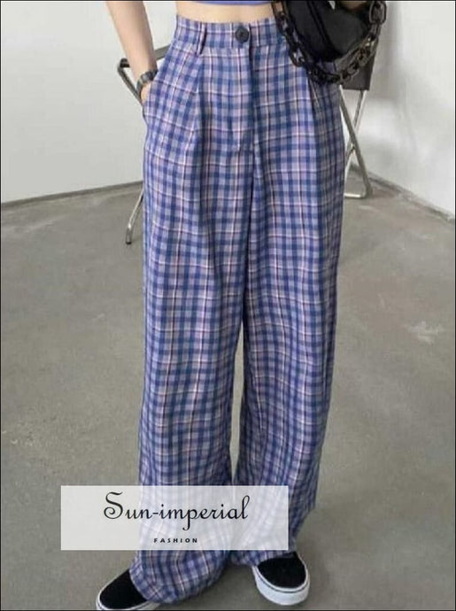Women’s Blue Gingham Tailored Wide Leg Trousers in Sun-Imperial United States