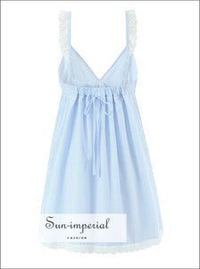 Women’s Blue Striped Spliced Embroidery Lace v Neck Sling Mini Dress V neck Sun-Imperial United States