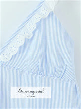 Women’s Blue Striped Spliced Embroidery Lace v Neck Sling Mini Dress V neck Sun-Imperial United States