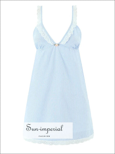 Women’s Blue Striped Spliced Embroidery Lace v Neck Sling Mini Dress V neck Sun-Imperial United States