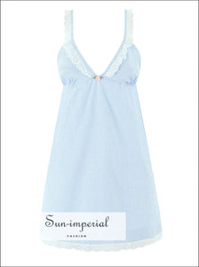 Women’s Blue Striped Spliced Embroidery Lace v Neck Sling Mini Dress V neck Sun-Imperial United States