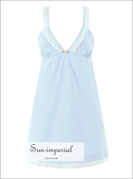 Women’s Blue Striped Spliced Embroidery Lace v Neck Sling Mini Dress V neck Sun-Imperial United States