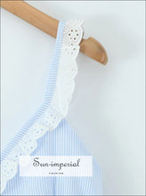 Women’s Blue Striped Spliced Embroidery Lace v Neck Sling Mini Dress V neck Sun-Imperial United States
