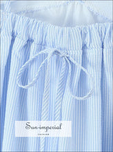 Women’s Blue Striped Spliced Embroidery Lace v Neck Sling Mini Dress V neck Sun-Imperial United States