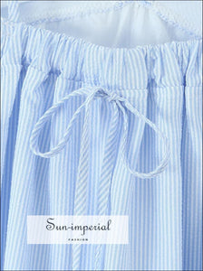 Women’s Blue Striped Spliced Embroidery Lace v Neck Sling Mini Dress V neck Sun-Imperial United States