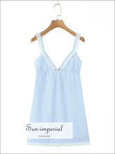 Women’s Blue Striped Spliced Embroidery Lace v Neck Sling Mini Dress V neck Sun-Imperial United States