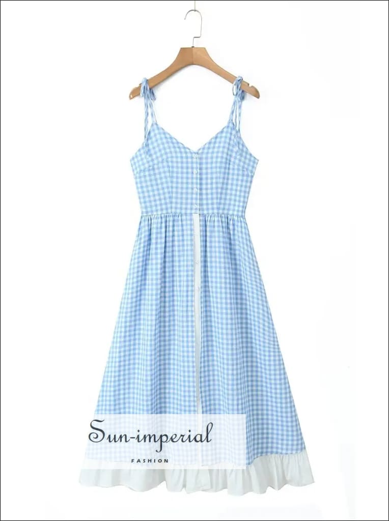 Women’s Blue White Plaid Button Down Midi Dress With Bow Tie Cami Strap Sun-Imperial United States