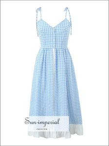 Women’s Blue White Plaid Button Down Midi Dress With Bow Tie Cami Strap Sun-Imperial United States