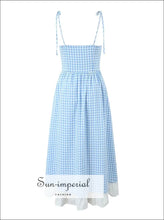 Women’s Blue White Plaid Button Down Midi Dress With Bow Tie Cami Strap Sun-Imperial United States