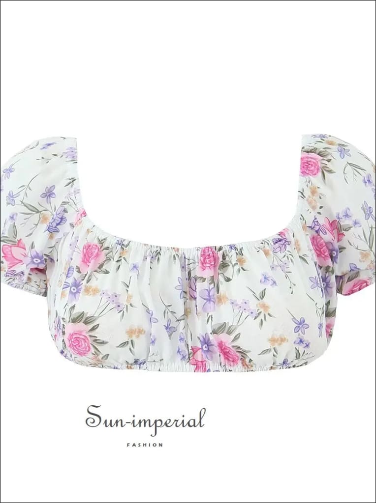 Women’s White Floral Maxi Skirt Set With Short Puff Sleeve Bra Top Sun-Imperial United States