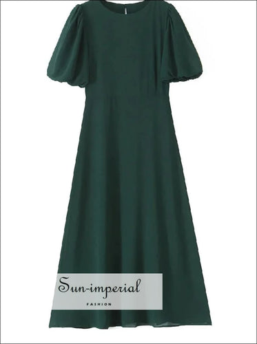 Women’s Dark Green Short Puff Sleeve Midi Dress Sun-Imperial United States