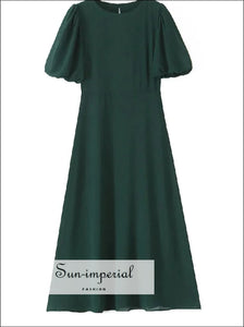 Women’s Dark Green Short Puff Sleeve Midi Dress Sun-Imperial United States