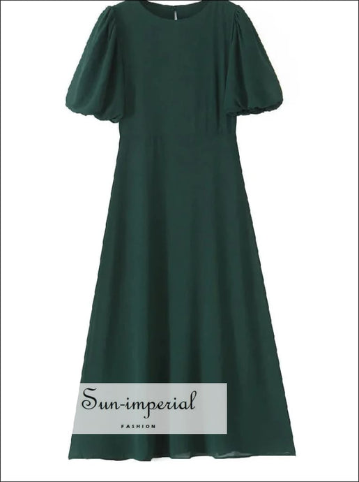 Women’s Dark Green Short Puff Sleeve Midi Dress Sun-Imperial United States