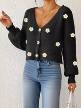 Women's button-up floral cropped cardigan with feminine appliqué detail