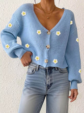Women's V-neck button cardigan with floral appliqué