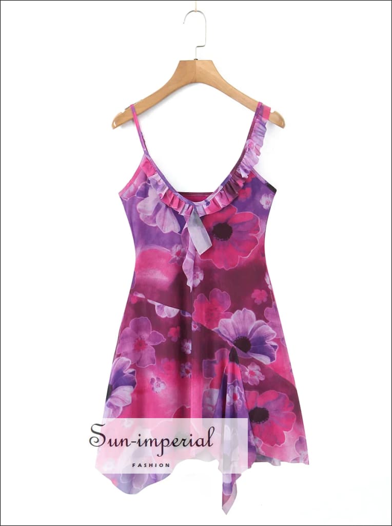 Women’s Pink Floral Mesh Asymmetrical Mini Dress With Ruffles Detail Sun-Imperial United States