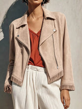 Women's apricot fringe hem zip-up jacket with long sleeves