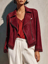 Burgundy women's zip-up jacket with fringe hem detail