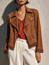 Camel women's fringe jacket with zip front for casual styling