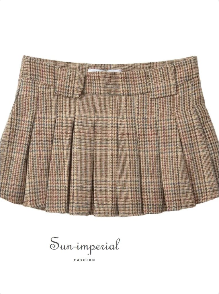 Women’s Khaki Low Waist Plaid Pleated Mini Skirt Sun-Imperial United States