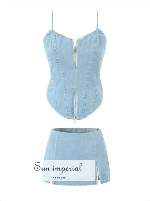 Women’s Light Blue Denim Crop Top And Mini Skirt Set With Zipper Detail Sun-Imperial United States