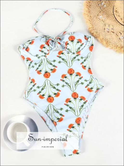 Women’s Light Blue Halter One Piece Swimsuit With Orange Floral Print Detail Sun-Imperial United States
