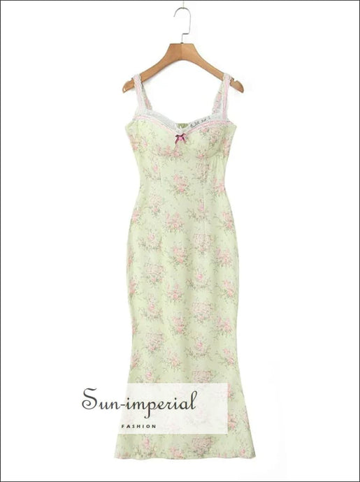 Women’s Mint Green Floral Print Mermaid Sleeveless Midi Dress With Center Bow Detail Sun-Imperial United States