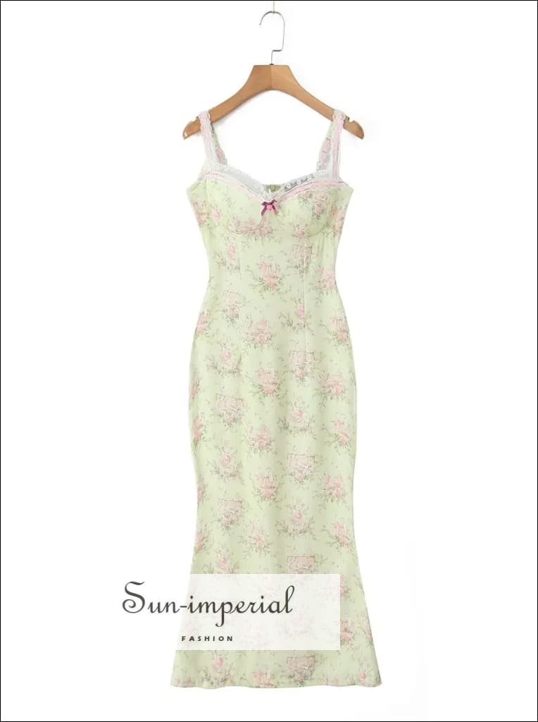 Women’s Mint Green Floral Print Mermaid Sleeveless Midi Dress With Center Bow Detail Sun-Imperial United States